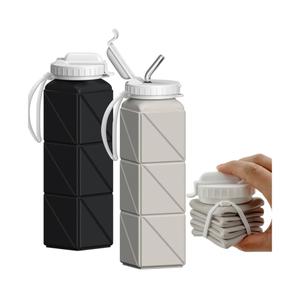 Collapsible Water Bottles with Straw 20.6oz, Silicone Foldable Portable Water Bottle, BPA-Free, Leakproof Reusable for Travel Camping Hiking Cycling Yoga Sports, 2 Pack (Black+Starlight)