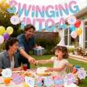 Spider 4th Birthday Decorations Banner - Pre-strung Swinging into 4 Garland with Spider Web and Stars, Pink Blue Ready-to-Hang Party Supplies for Kids Girls 4 Year Old Birthday