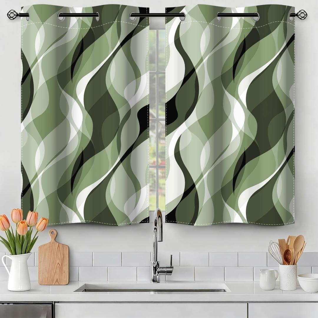 Sage Green Kitchen Curtains, Small Grey and Green Striped Blackout Curtains Short Cafe Tier Curtains for Dining Room RV Windows 26x36 Inch, 2 Panels