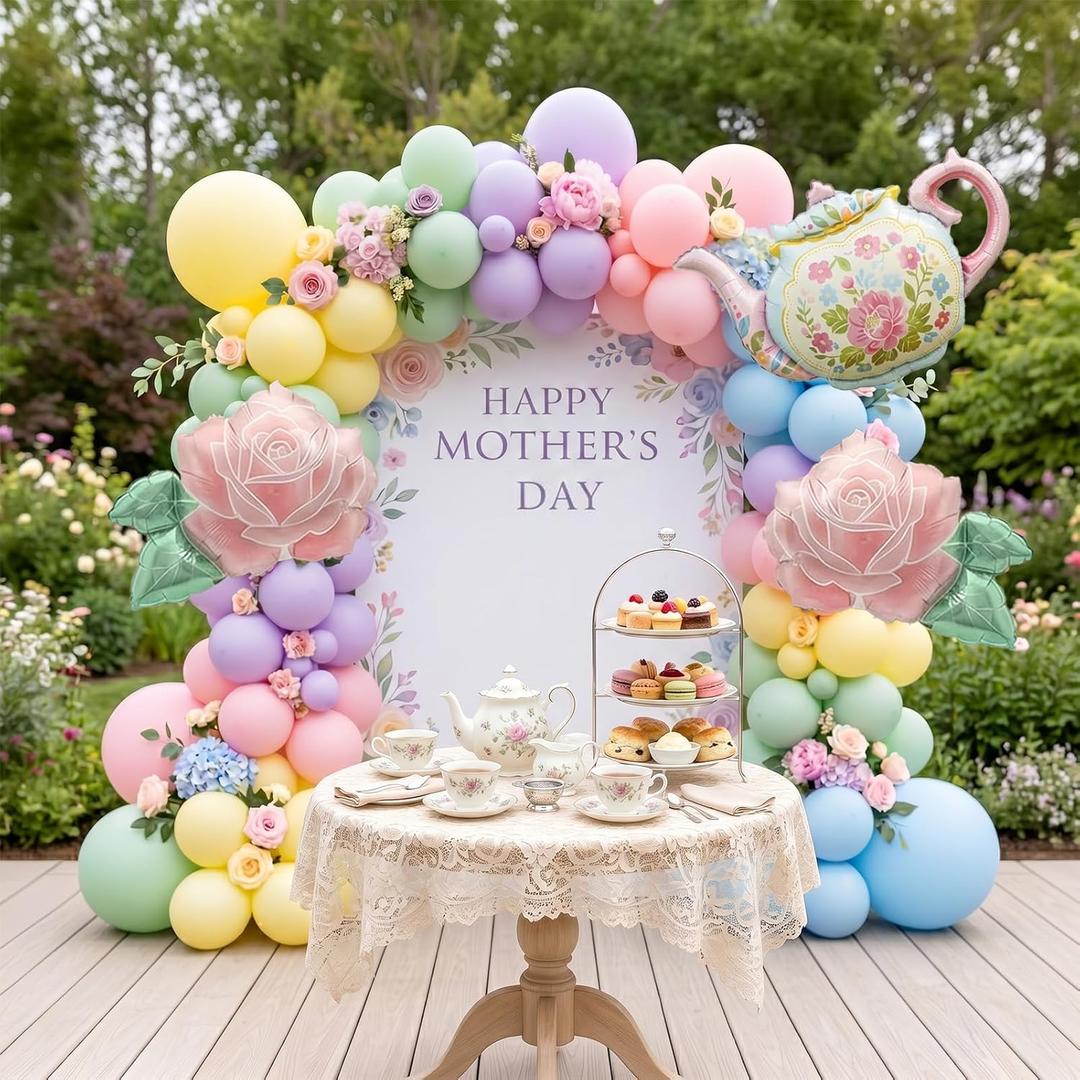 Green and Pink Balloon Garland 138Pcs Pastel Green Pink and Purple Balloons Arch Kit with Teapot Foil Balloon for Spring Tea Party Lets Partea Baby Shower Happy Easter Birthday Party Decorations