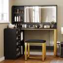 DWVO Vanity Desk with LED Lighted Mirror and 3 Lighting Modes, L-Shaped Corner Vanity, 48" Large Dressing Table with 5 Tempered Glass Drawers with Open Storage Shelves Vanity Table, Black