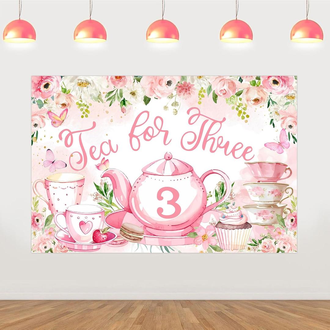 Tea Party 3rd Birthday Decorations, Tea for Three Birthday Decorations Backdrop Banner for Floral Tea Party Decorations Photography Background Boy Girl 3 x 5 ft