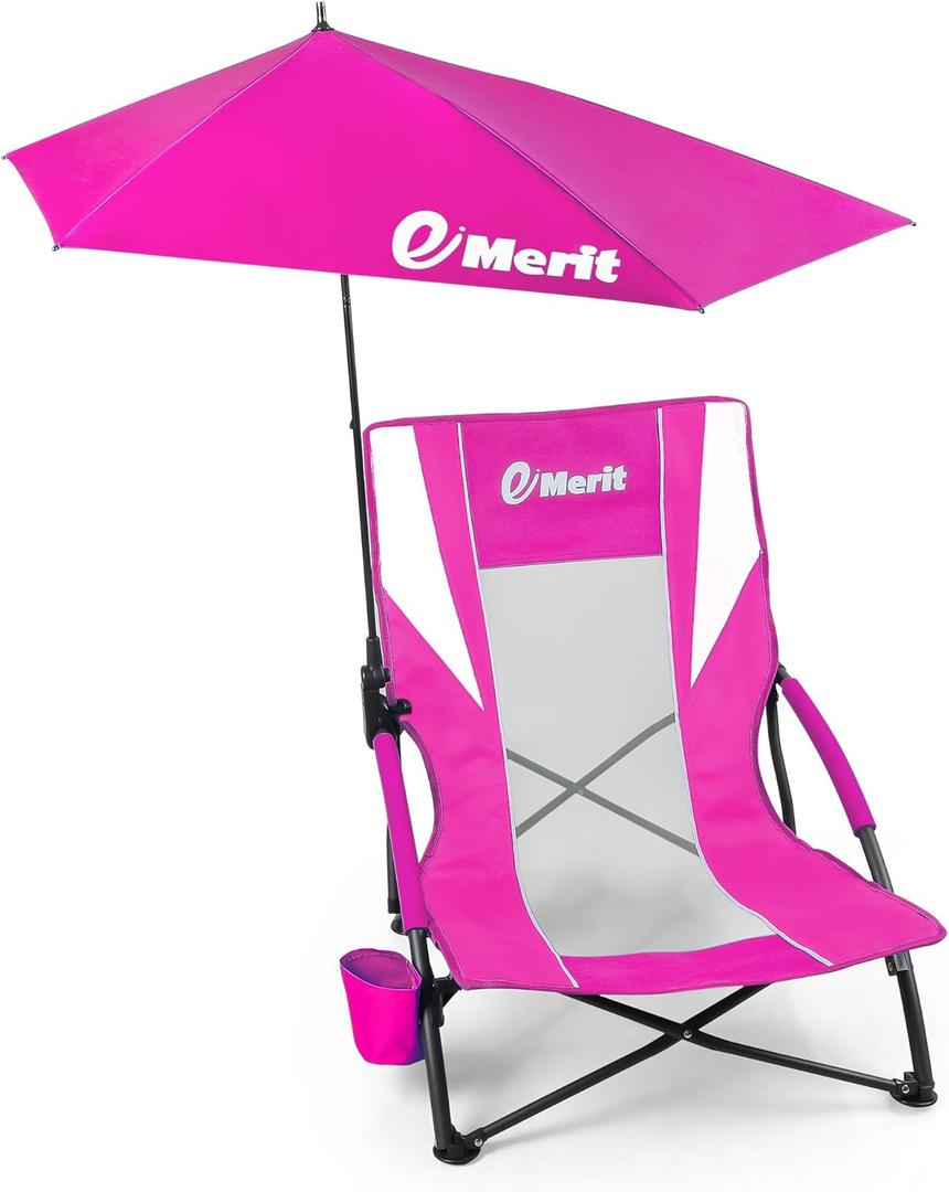 EMERIT Low Beach Chairs for Adults with Removable UPF 50+ Umbrella, Lightweight Folding Backpack Camping Chair with Cup Holder, Portable Sand Chair for Beach, Picnic, Lawn