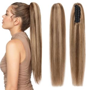 Human Hair Claw Clip Ponytail,Prokyvity Claw Clip Human Hair Ponytail,Claw Clip Ponytail Extension Human Hair,Claw Clip Real Hair Ponytail for Women 16"/109g Medium Brown Mix Dark Blonde