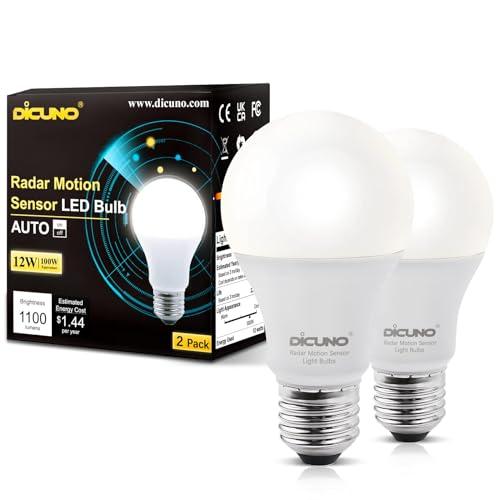 DiCUNO Radar Motion Sensor Light Bulbs Outdoor, 12W (100W Equivalent), Motion Sensor Bulb Auto On/Off, Daylight White 5000K, 1100 LM, A19 E26 Indoor/Outdoor Lighting for Front Porch Garage, 2-Pack