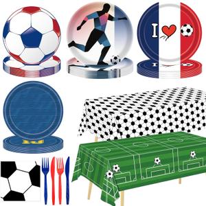 122Pcs Soccer Party Supplies Set, Disposable Tableware Kit with Soccer Paper Plates, Napkins, Forks, Tablecloth for Soccer Birthday Party Decorations, Sports Theme Party Decor for 24 Guests (Modle C)