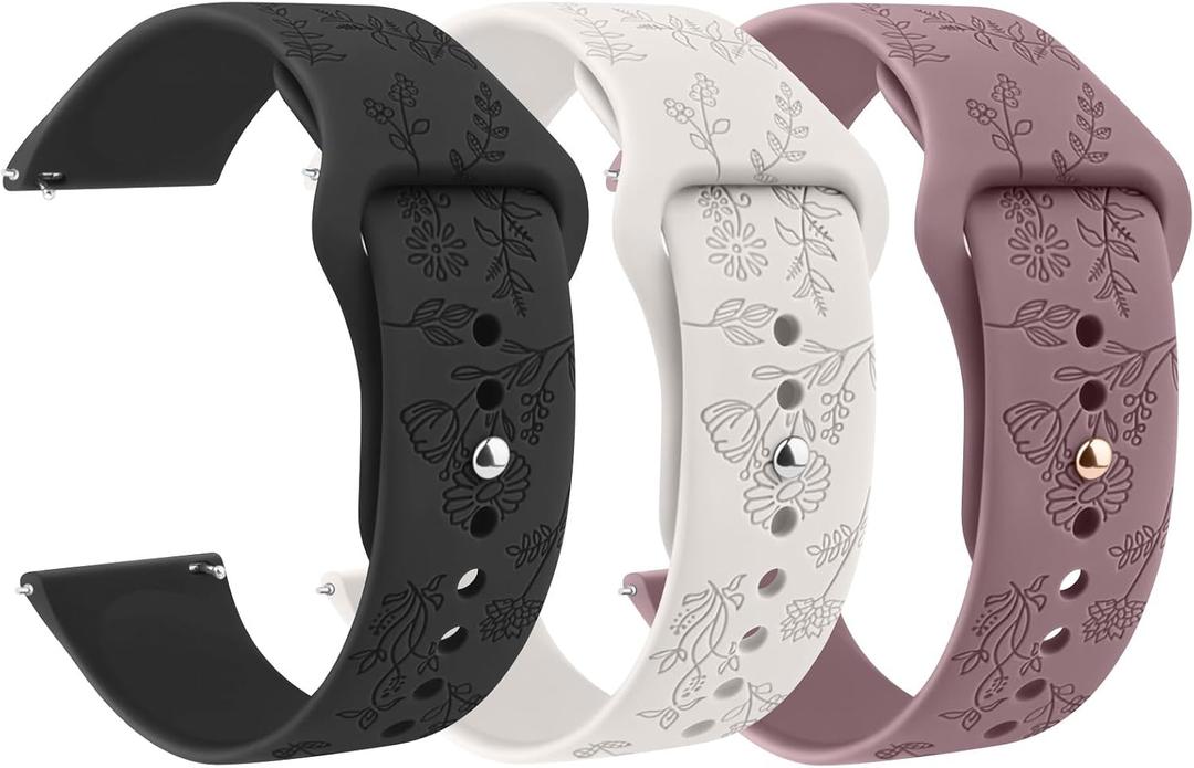 Meliya Silicone Watch Bands Quick Release 20mm Bands, Floral Engraved Soft Silicone Rubber Sport Replacement Watch Strap for Women Men, Black+Starlight+Smoke Purple