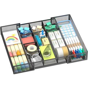 Expandable Desk Drawer Organizer Tray with 10 Adjustable Compartments, Metal Mesh Office Drawer Organizer, Versatile Desk Organizer for Home, School Supplies, Makeup Vanity & Jewelry (Black)