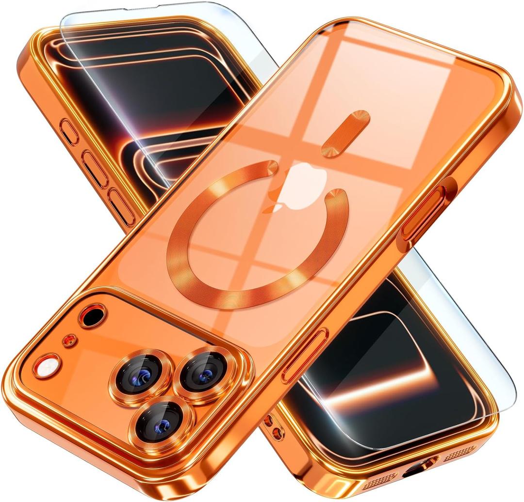 Misea Magnetic for iPhone 17 Pro Max Case Compatible with MagSafe [Never Yellowing] [Military Grade Drop Protection] Full Camera Lens Protector Plating Soft Clear Phone Case for Women, Cosmic Orange