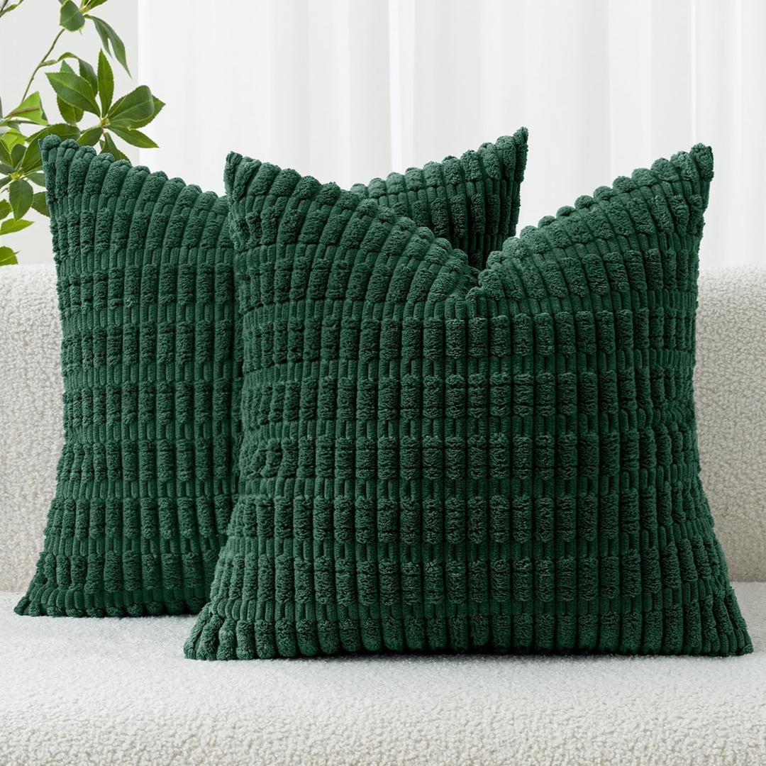 Pack of 2 Dark Green Corduroy Decorative Pillow Covers 17.5x17.5 Inch Soft Boho Striped Throw Pillow Covers Modern Farmhouse Home Decor for Sofa Living Room Couch Bed 