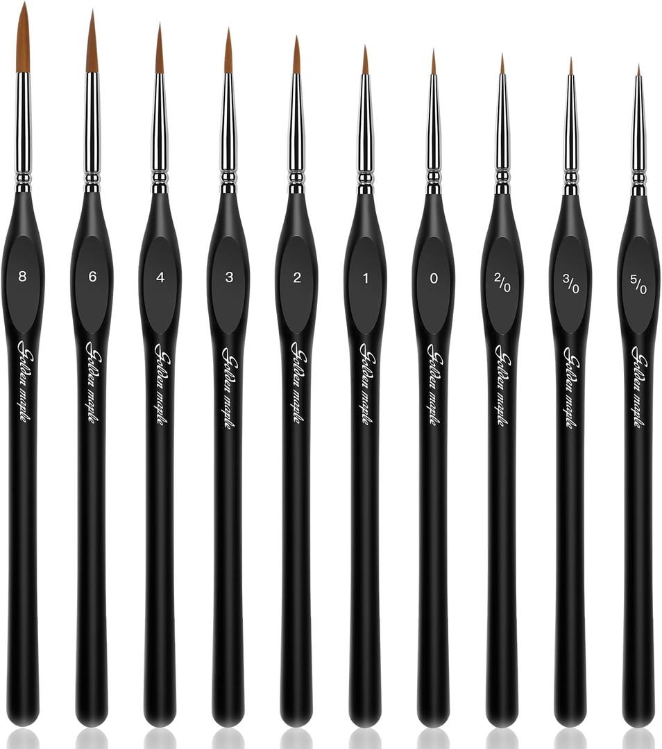 Golden Maple Detail Paint Brushes Set 10pcs Miniature Brushes for Fine Detailing & Art Painting - Acrylic, Watercolor, Oil, Models (Black)