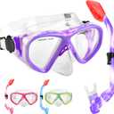 Kids Snorkel Set Dry Top Snorkeling Gear for Kids Youth Boys Girls Junior Age 5-15,Tempered Glass Swimming Diving Mask and Snorkel Set 180 Degree Panoramic View (Purple)