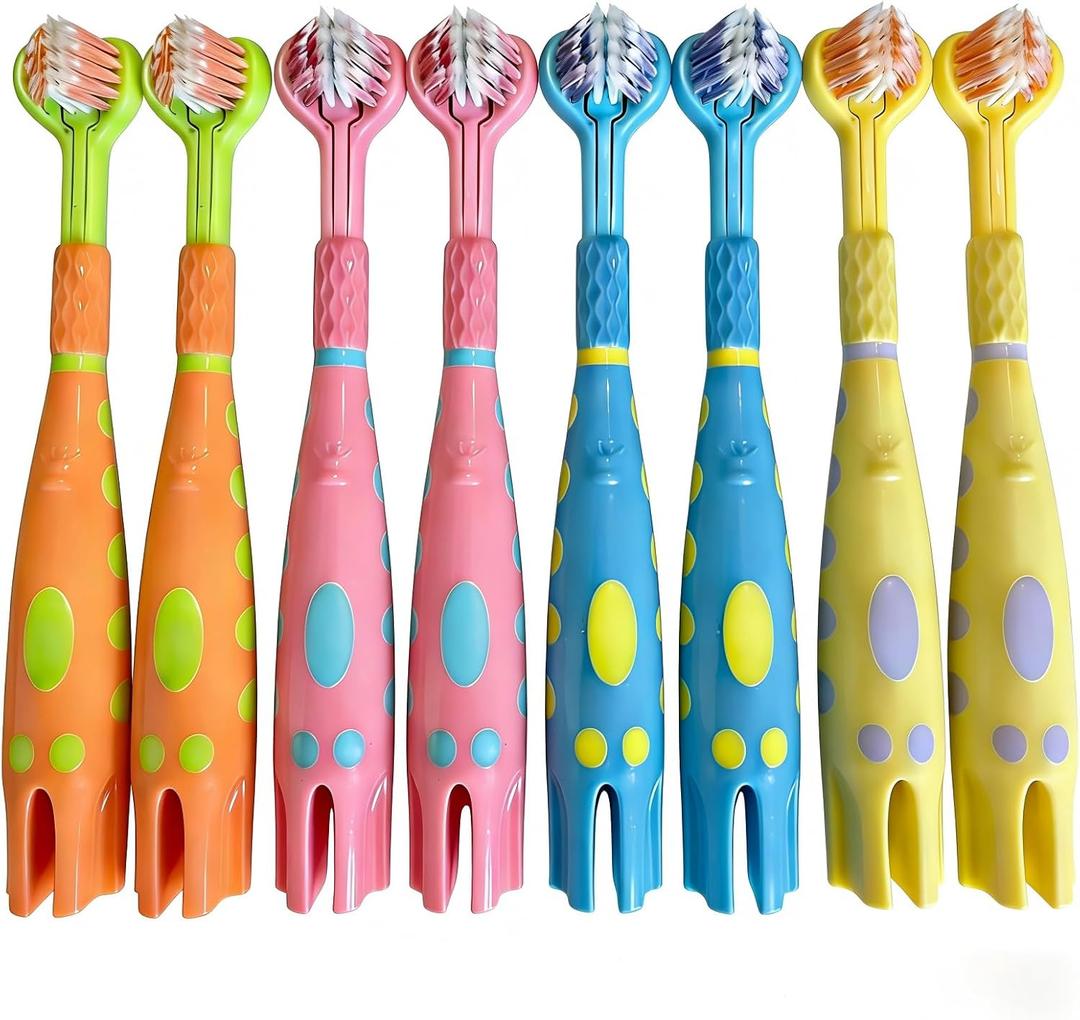 Toddler Toothbrush 8 Pack, Ultra Soft Bristles Kids Toothbrush for Ages 3-12 Years, 3-Sided Design with Tongue Scraper, Non-Slip Handle,Colorful Oral Care Set for Boys & Girls. (8)
