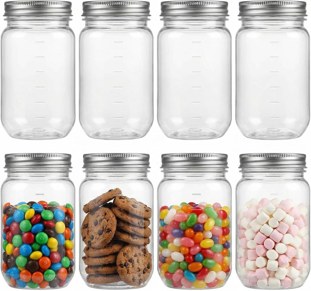 novelinks 16 oz Plastic Mason Jars with Lids, Refillable Clear Plastic Jars with Lids 16oz & Reusable Empty Storage Containers with Lids (Sliver,8 Pack)
