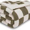 CozeCube Super Soft Fullfy Microfiber Reversible Knitted Blankets, Warm Cozy Fuzzy Plush Throw, Olive Green and White Checkered Throw Blanket for Couch Bed Sofa, 50" x 60"