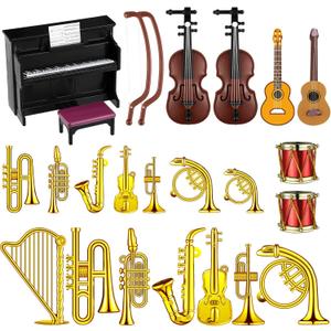 Civaner 24 Pcs Dollhouse Musical Instruments Christmas Miniature Violin Piano Trumpet Saxophone Electric Guitar Tiny Instruments Set for Xmas Party Gift Mini House Musical Room Succulent Garden