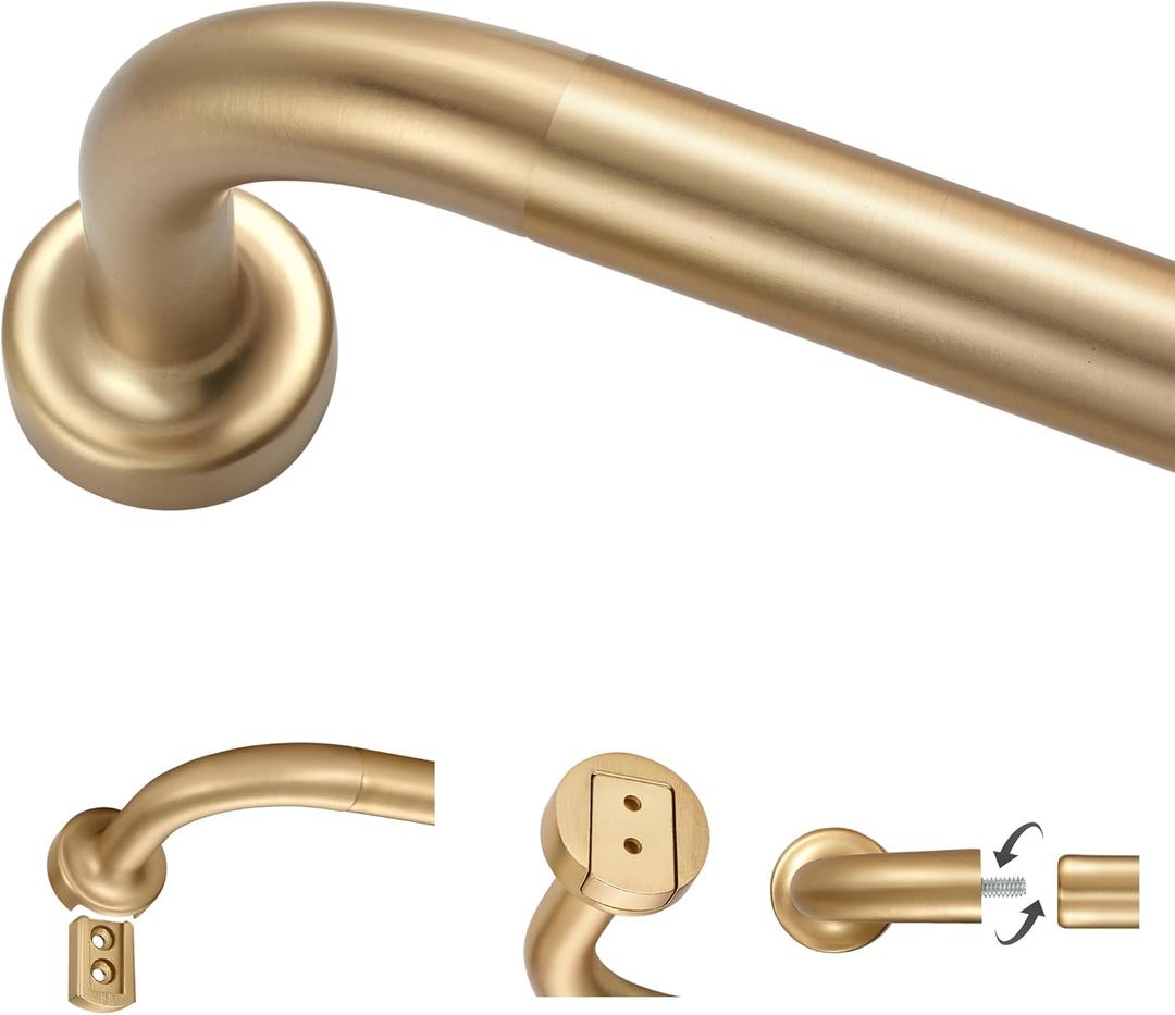 Warm Gold Curtain Rods for Windows 66 to 120",1 Inch Disc Wrap Around Curtain Rod with Aluminum Finials and Brackets,No Screw Disassembly Adjustable Blackout Curved Room Darkening Curtain Rod (66-120")