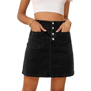 Sidefeel Women's Jean Skirt High Waist Summer Stretch Zimbaplatinum Denim Skirt Button Knee Length Skirt with Pockets (Large, Black)