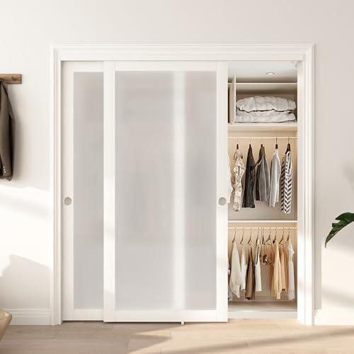 BarnBase Sliding Closet Door 72"(Double 37") x 80", Full-Lite Frosted Glass Closet Door with Hardware Kit & Matching Fascia, Sturdy Solid Wood & MDF with Water-Proof PVC Surface, Pre-Drilled