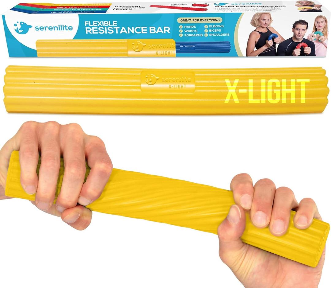 Serenilite Flexible Resistance Bar, Grip Strength Trainer, Resistance Band, Forearm Exerciser Workout, Flexible Bar for Tennis Elbow, Golfers Elbow, Physical Therapy, Pain Relief, Tendonitis, Recovery (Extra Light (Yellow)