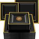 N9R 120PCS Black Square Plastic Plates, Disposable Plates Gold Rim