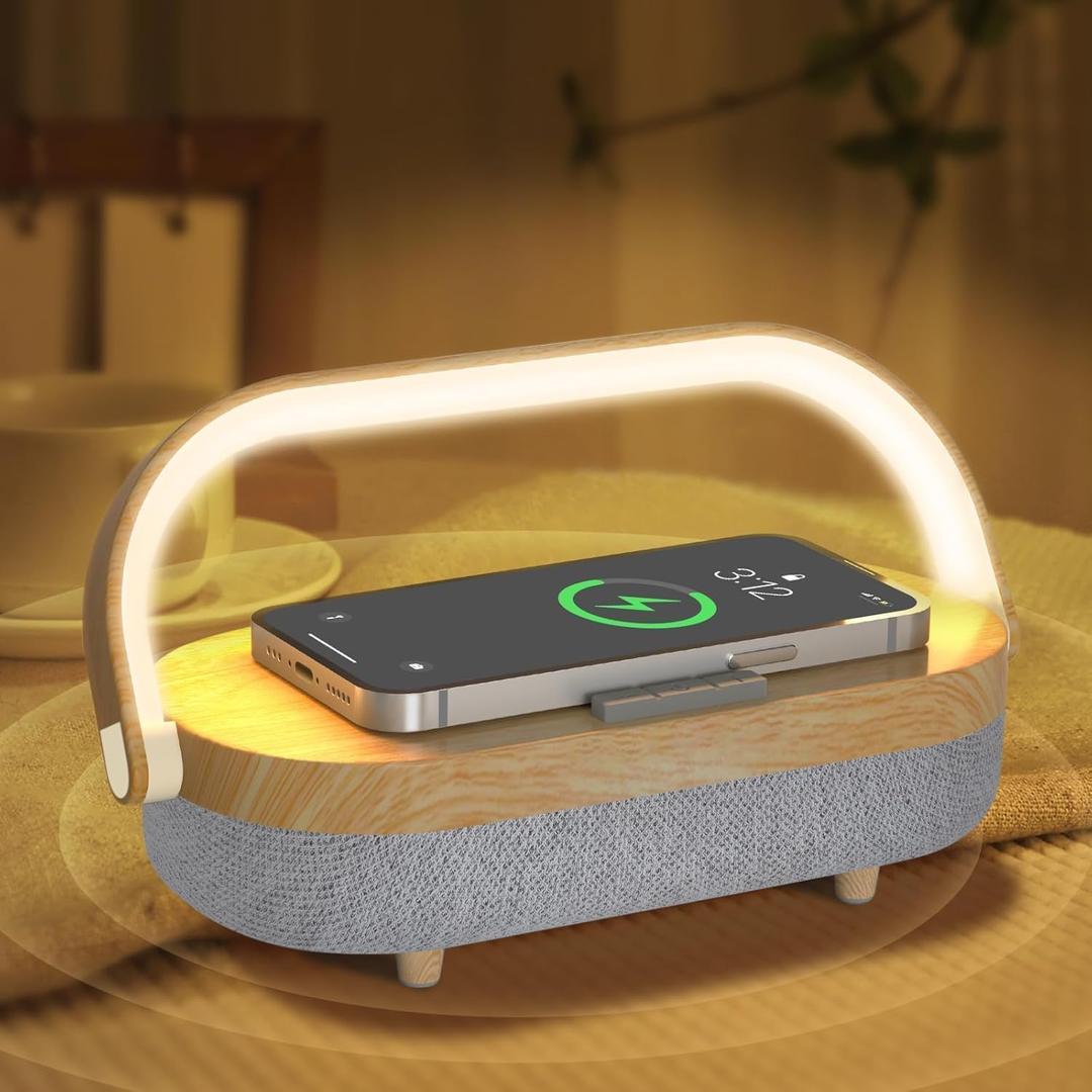 Nightstand Lamp with Wireless Charger,Unique Gifts for Women 4 in 1 Touch Bedside Lamp,Bluetooth Speaker Lamp,Portable Phone Holder,Dimmable LED Night Light Birthday Gifts for Her, Him, Mom,Dad (Wood)