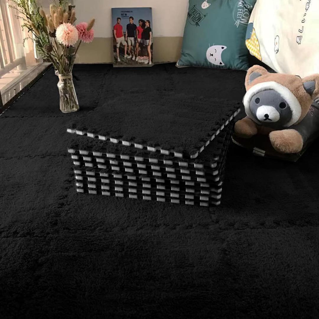 Interlocking Carpet Shaggy Soft EVA Foam Mats Fluffy Area Rugs Protective Floor Tiles Exercise Play Mat for Children Kids Room Home Parlor Bedroom 12 pcs (Black)