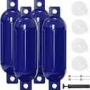 Boat Bumpers - 4 Pack 8.5" x 27" Boat Fenders for Docking, Inflatable Twin Eyes Ribbed Vinyl Boat Buoys Bumpers with Ropes and Air Pump, for Jon Boats, Pontoon Boats, Yachts, Fishing Boats (Navy Blue)