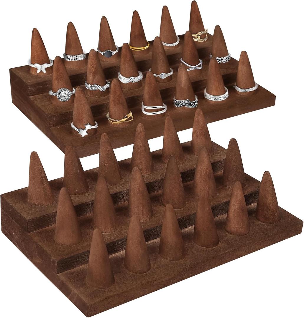 2 Pcs Set Wooden Finger Ring Stand Jewelry Showcase Display Holder, Holds 36 Rings