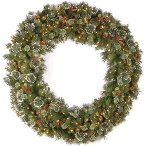 National Tree Company 60 in Pre-Lit Flocked Wintry Pine Artificial Christmas Wreath, Christmas Decoration with Pinecones, Red Berries, 300 Clear Lights, 654 Tips, Green