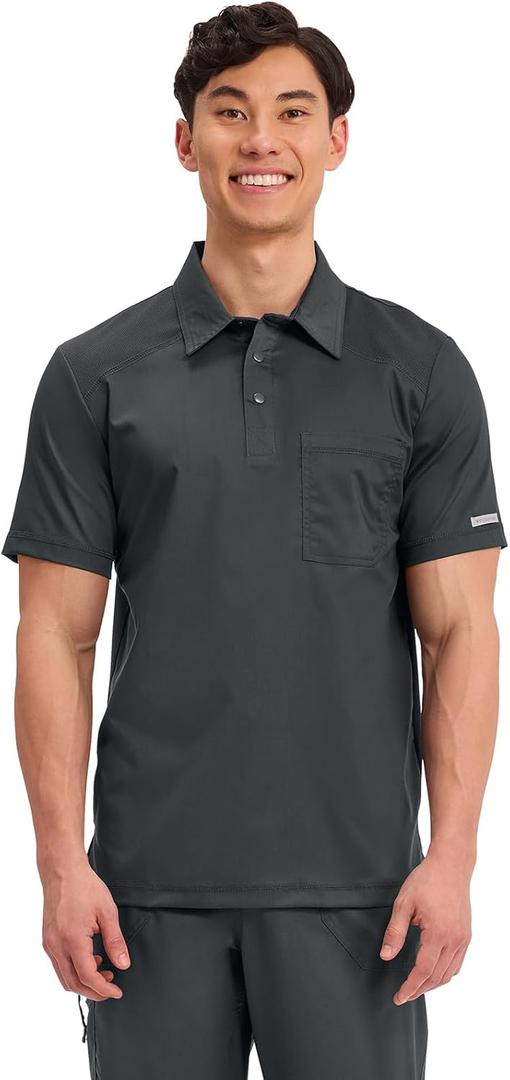 Cherokee Scrubs for Men Polo Nursing Scrub Top with Chest Pocket, Breathable Mesh, Ultra Soft 2-Way Stretch Fabric  WW615 (Large, Black)