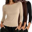 Ficerd 3 Pack Women's 3/4 Sleeve Lettuce Trim Tight Tops Boat Neck Cotton T Shirts Slim Fit Casual Fitted Basic Tees, Black, Brown, Cream, L 