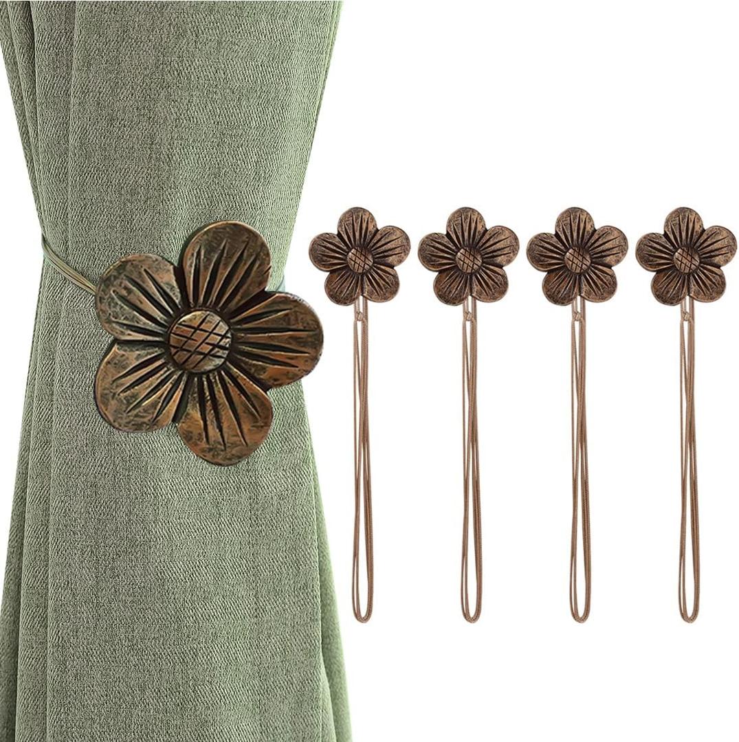 Curtain tie Magnetic, 4 Pieces Vintage Resin Flower Curtain Drapery Holdback Window Curtain Decorative Buckle Holder for Home Cafe Balcony - Coffee