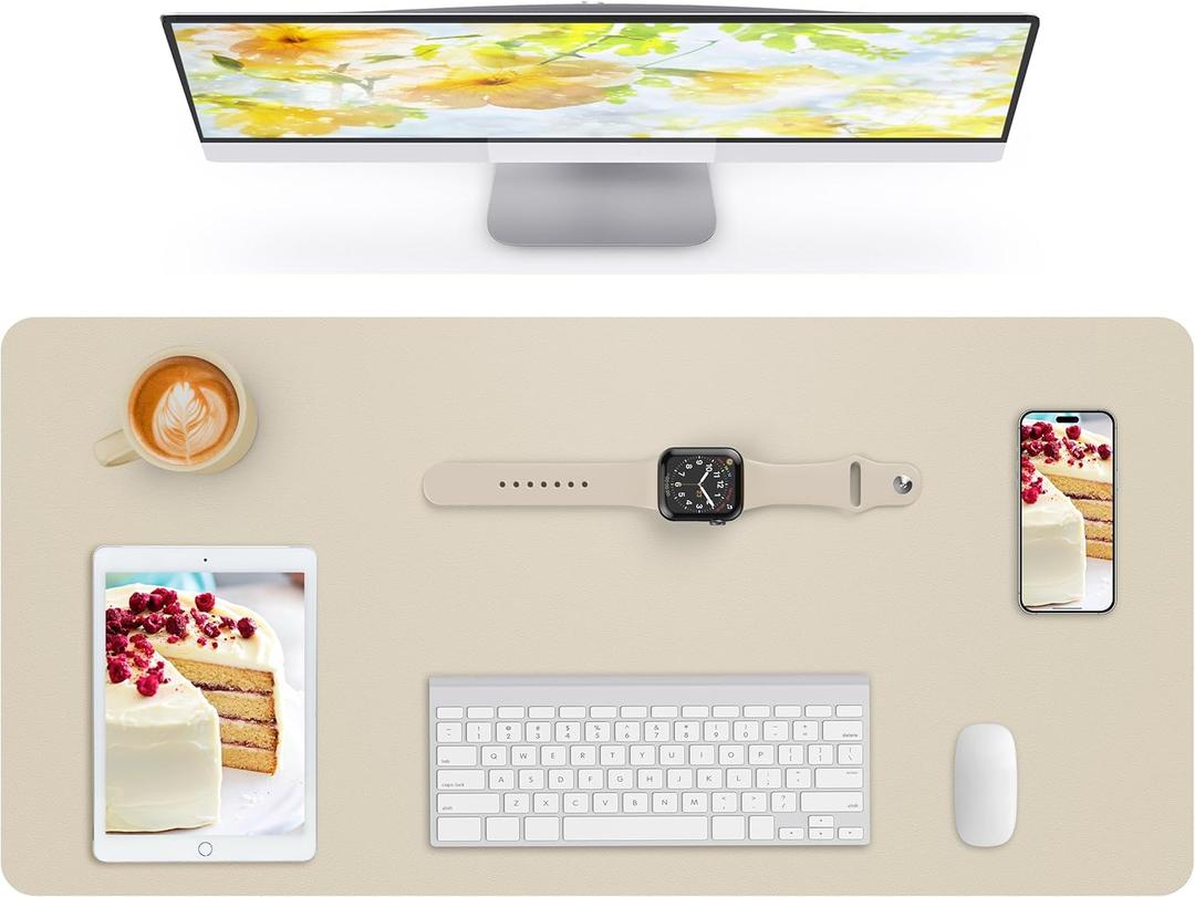 AFIING Leather Desk Pad Protector,Mouse Pad,Office Desk Mat, Non-Slip PU Leather Desk Blotter,Large Desk Mat,Waterproof Keyboard Mat for Office/Home/Decor (Beige,35" x 17")