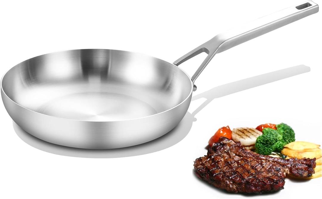 Tri-Ply Fully Bonded Stainless Steel 8inch Frying Pan, Omelette Pans, Egg Pan Durable Chef's Pan, Kitchen Skillets 8in, Induction Pan for Steak,Egg, Compatible with All Cooktops, Up to 600
