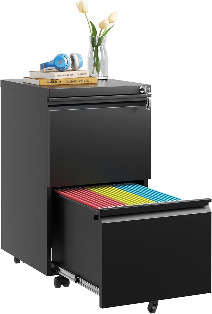 2 Drawer Mobile File Cabinet with Lock,Rolling Metal Office Storage Filing Cabinet Under Desk for Home Office,Legal/Letter/A4, Fully Assembled,Black