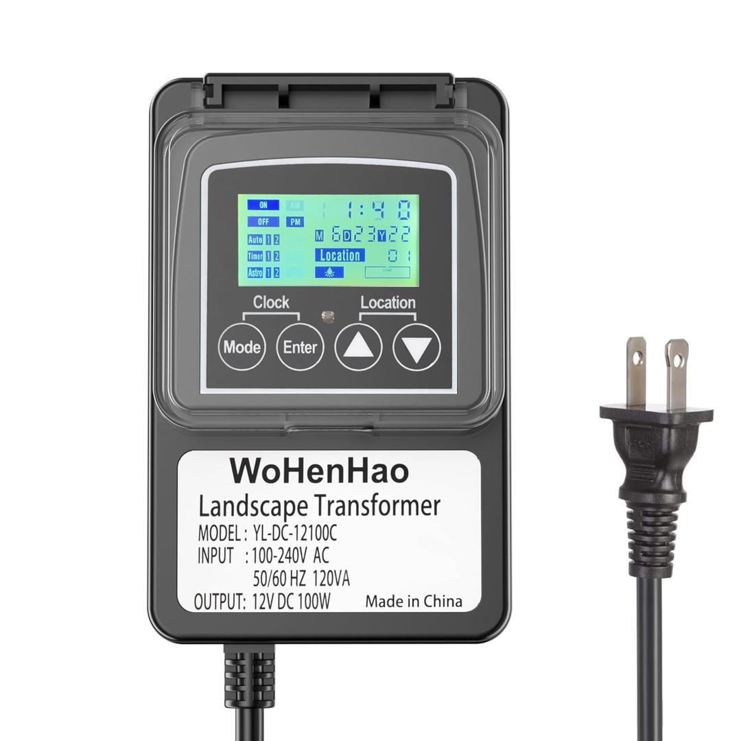 Wohenhao 100W Low Voltage Lighting Transformer for 12V DC Output Low Voltage Landscape Lights, 100-240V AC to 12V DC Output Landscape Lights Transformer, with Astronomic Timer