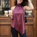 Women's Satin Halter Top Backless Sleeveless Cami High Neck Silk Tank Top Asymmetrical Hem Night Out Outfits Tee (L)