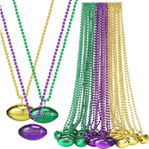 XunYee 24 Pcs Mardi Gras Bead Necklaces Yellow Green and Purple Football Bead Necklaces Throws Bulk Football Pendant Party Decorations for Festival Mardi Gras Celebrations Decorations