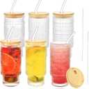 6Pcs Glass Coffee Cups with Lids and Straws, 16 oz Vintage Glasses Drinking Set, Glassware Drinkware Glasses Set, Iced Coffee Cup Tumbler Ideal for Boba Tea Beer Cocktail Juice, Mixed