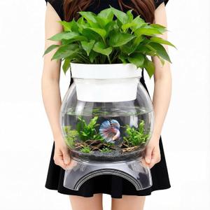 Geelin 1.5 Gallon Plastic Aquaponic Betta Fish Tank Aquaponic with Base and Top, Large Bowl Shatterproof Ecosystem Aquarium with Clear Clarity for Terrarium, Flower Vase Betta Fish Centerpiece Gifts