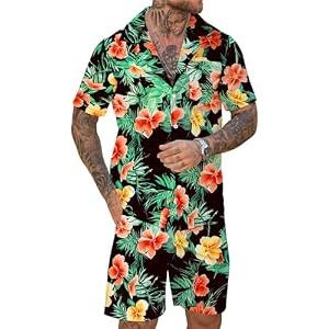 Men's Vacation Beach Outfits 2 Piece Shorts Set Tropical Floral Hawaiian Button Down Shirt and Shorts, Large