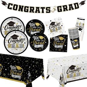 Graduation Decorations 2026 Black and Gold Grad Party Supplies with Disposable Plates, Napkins, Tablecloth, Cups and Congrats Grad Banner for 24 Guests - Graduation Party Decorations