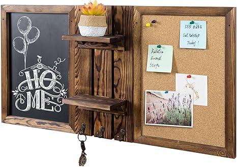 MyGift 32 x 16 Inch Wall Mounted Rustic Burnt Solid Wood Modular Organization Set with Chalkboard, Cork Bulletin Board, 2 Display Shelves, and 3 Metal Key Hooks