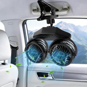 Battery Powered Clip Car Fans, 3-Speed Dual Head Clip Car Cooling Fan for Backseat, Independent Switches, 360 Rotatable Rechargeable Fans with USB Plug for Vehicles RV SUV Truck Golf Cart Stroller