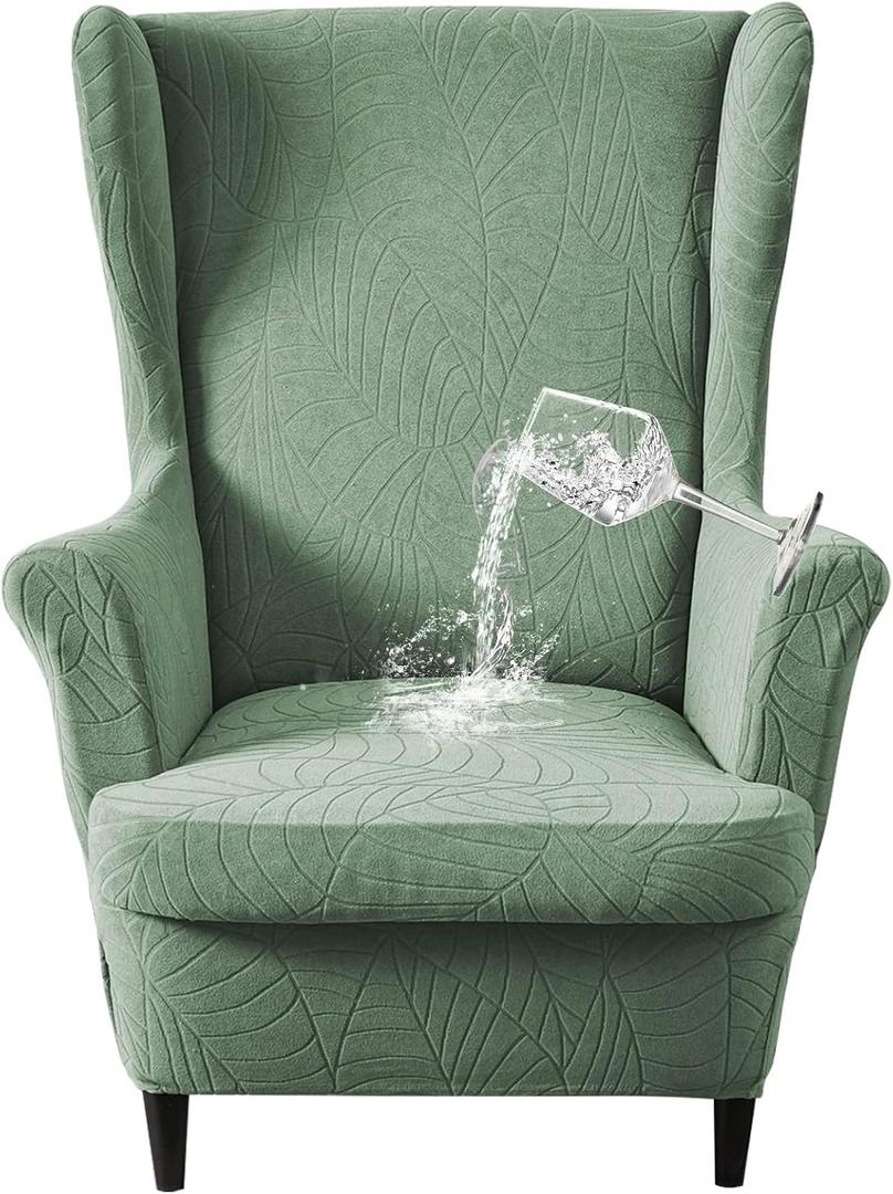 Waterproof Wingback Chair Cover, Stretch Jacquard Wing Chair Slipcovers 2 Piece, Wingback Armchair Sofa Slipcover Super Soft Fabric Furniture Protector with Elastic Bottom for Living Room Bedroom