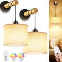 Rechargeable Battery Operated Wall Sconces Set of 2, Modern Fabric Wall Lamps with Wooden Arm & Remote Control, Dimmable Multicolor LED Lights for Indoor Bedroom, Living Room, Kitchen, House