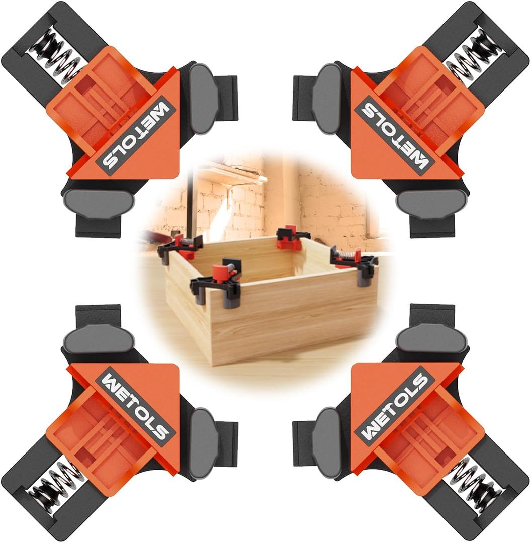 WETOLS Corner Clamp for Woodworking, 90 Degree Right Angle Clamp, Wood Clamps, 4Pcs Adjustable Spring Loaded Woodworking Clamp, Gifts for Dad, Birthday Gifts for Men, Photo Framing, Orange (Orange)