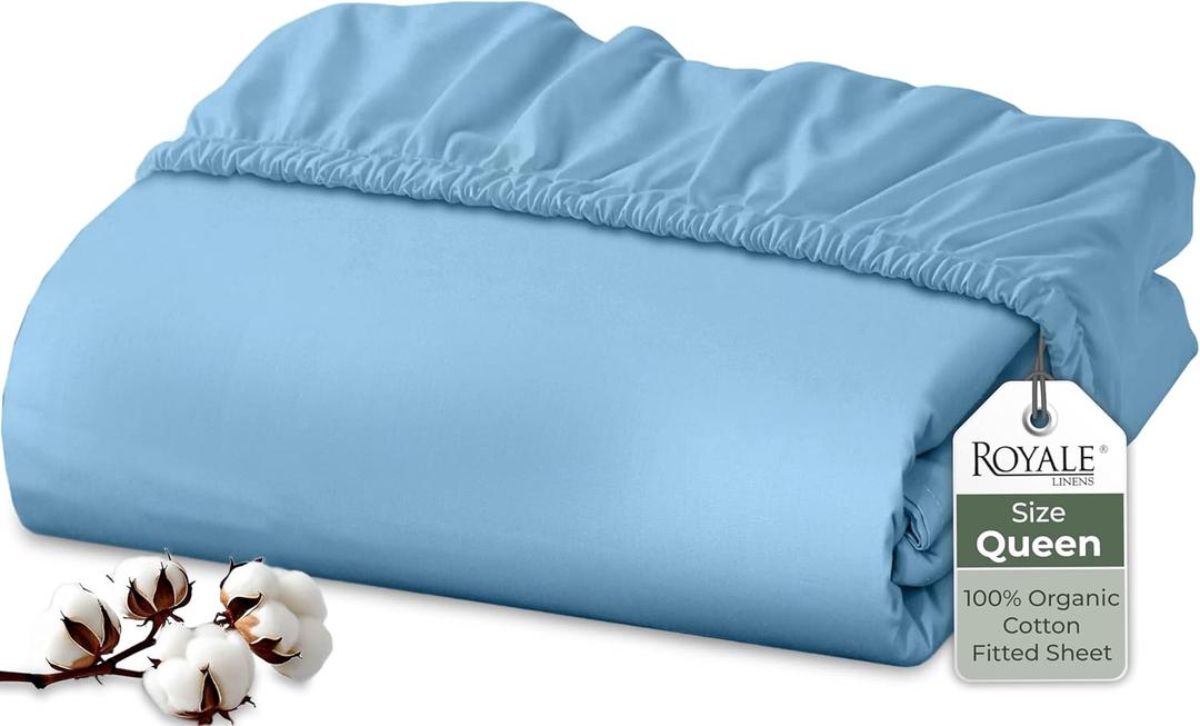 Royale Linens 100% Organic Cotton Fitted Sheet - Percale Weave - Super Soft Deep Pocket Bottom Sheets - Lake Blue Elastic Sheet Queen Size - Queen Fitted Sheets Only - (60"x80"+15", Lake Blue)