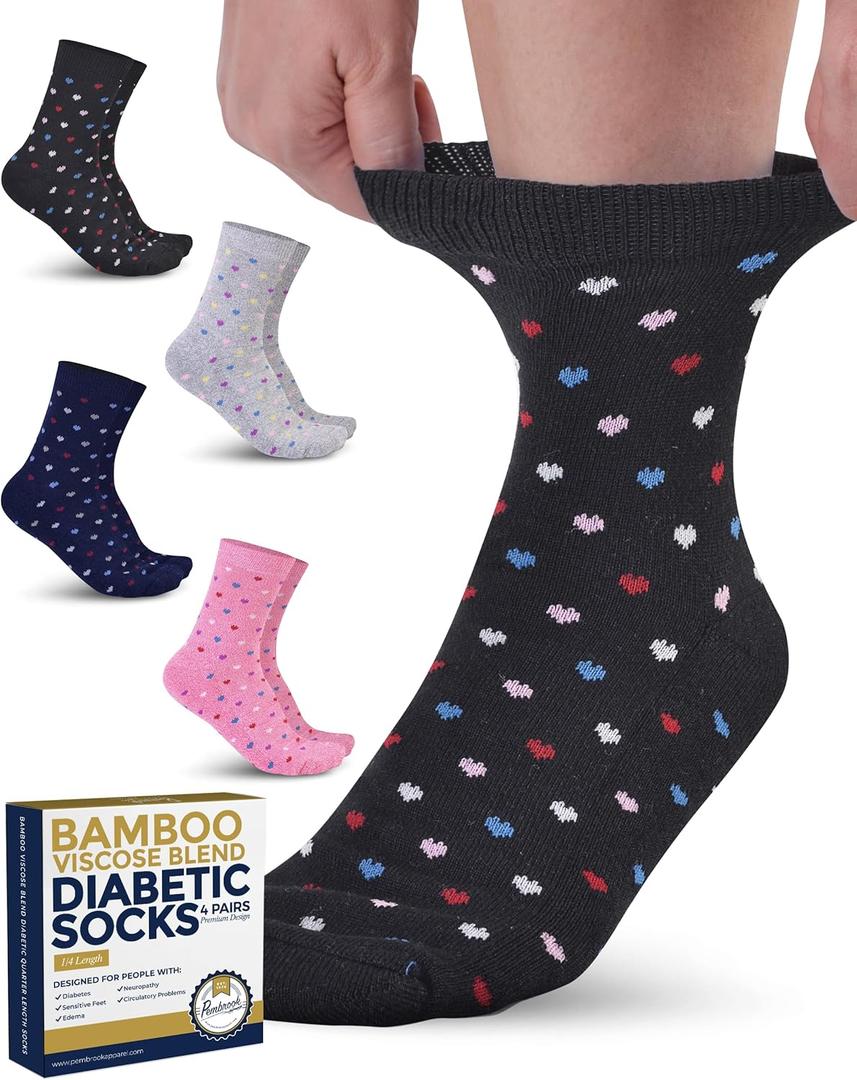 Pembrook Diabetic Socks for Women & Men - 4 Pairs Ankle Bamboo Viscose Socks Woman | Womens Diabetic Socks Size 9-11 (Medium, Hearts (Gray/Navy/Pink/Black) - 4 Pairs)